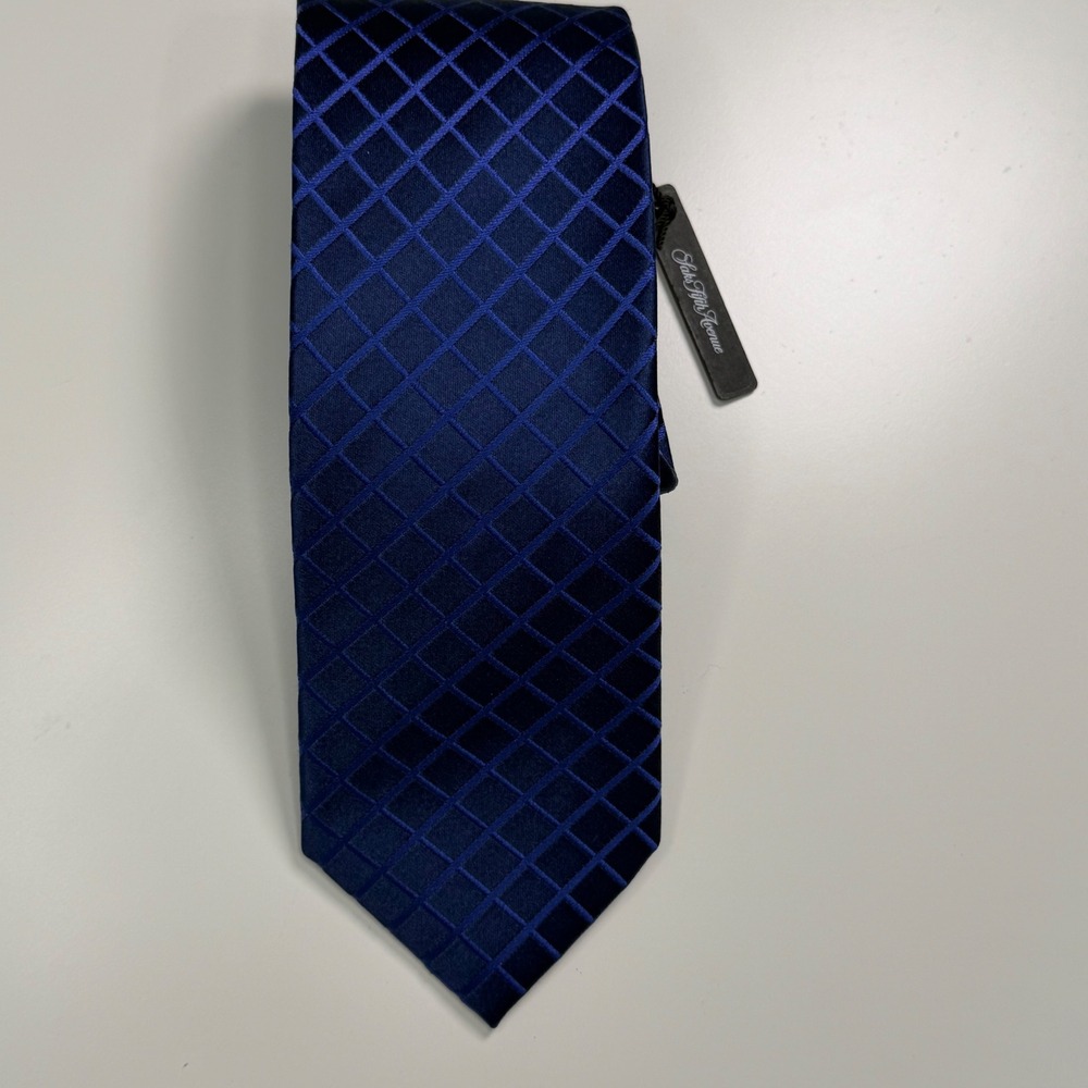 Saks Fifth Avenue NWT Mens Silk Necktie Blue Geometric Grid Pattern Fathers Day